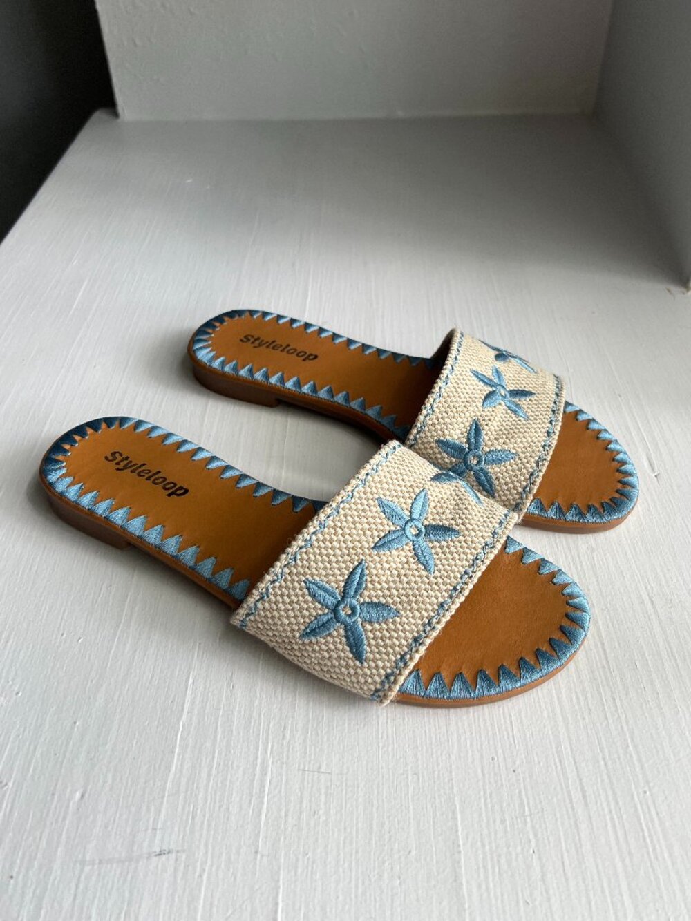 Womens Blue Flat Slip-on Sandals Starfish Floral Boho Summer Size EU 38 US 7.5